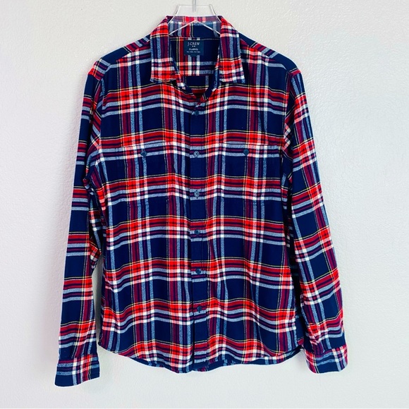 J. Crew Flannel Navy/Red Plaid Long Sleeve Button Up  Size L - Picture 1 of 4